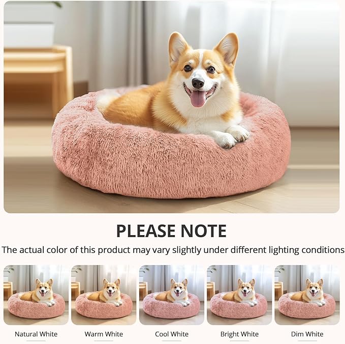 JOLLYVOGUE Calming Dog & Cat Bed for Small Dogs, Anti-Anxiety Donut Cuddler Cozy Soft Round Bed with Anti-Slip Bottom, Fluffy Faux Fur Plush Cushion Beds for Small Medium Pets (20")