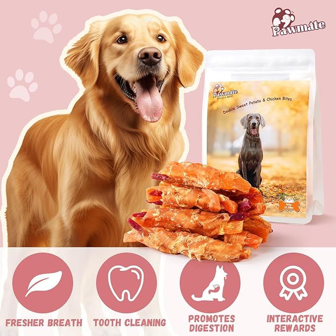 Dog Treats Double Sweet Potato Chicken Jerky Wrapps Healthy Rawhide-Free Dog Treats Chicken Jerky Low Fat High Protein Snacks Chewy for Small Medium Large Dogs 12-15 Counts