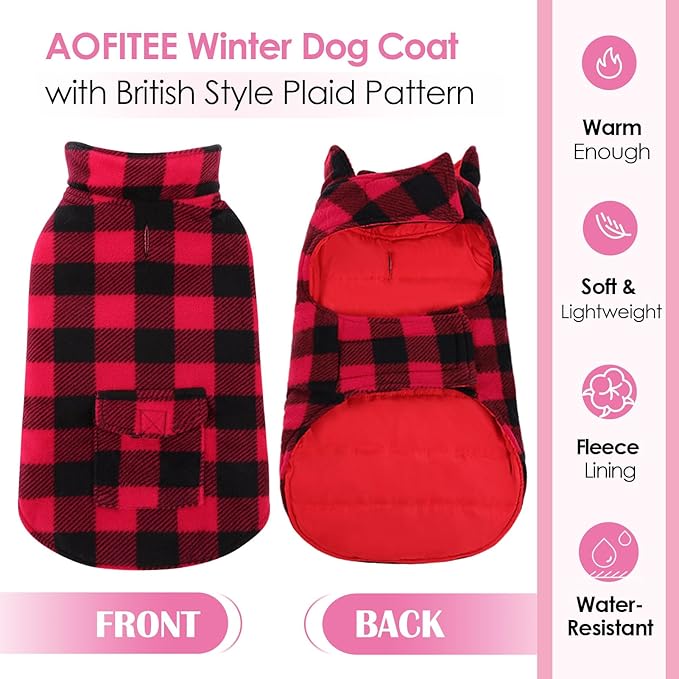 AOFITEE Dog Coat Plaid Dog Winter Coat for Small Dogs, Warm Dogs Jacket Christmas Sweater, Waterproof Pet Puffer Jacket, Reversible Pet Cold Weather Coats for Small Medium Large Pets, Red M