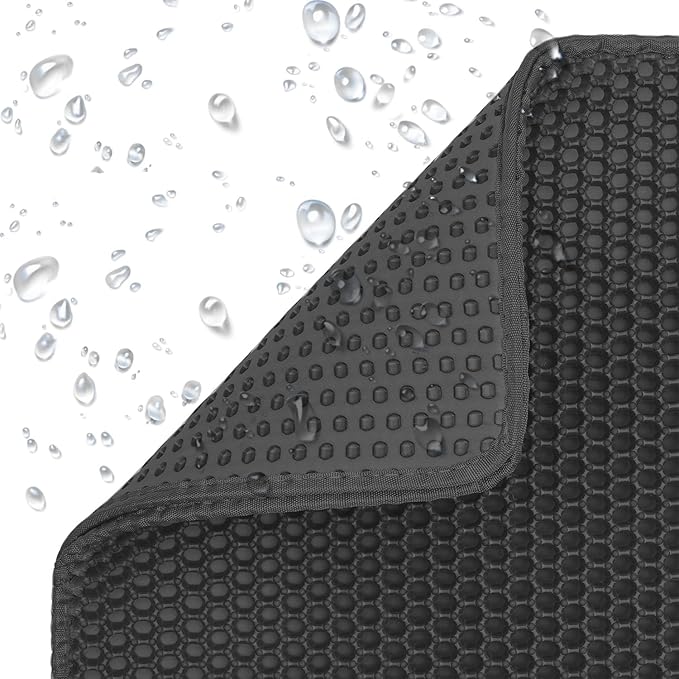 Cat Litter Mat Cat Litter Trapping Mat, 24 x 18 inch Honeycomb Double Layer Design, Urine and Water Proof Material, Scatter Control, Less Waste, Easier to Clean, Washable black