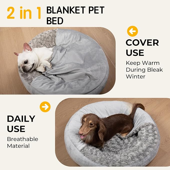 Cave Dog Bed with Blanket Donut Round Plush Cozy Cat Pet Bed for Puppy Machine Washable Removable Cover Cat Toy Anti-Slip Bottom Gray 26X26X8 inch