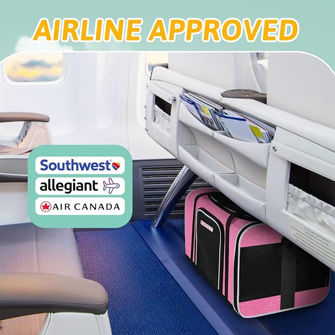 Petskd Pet Carrier 17x13x9.5 Southwest Airline Approved,Pet Travel Carrier Bag for Small Cats and Dogs, Soft Dog Carrier for 1-15 LBS Pets,Dog Cat Carrier with Safety Lock Zipper (Pink)