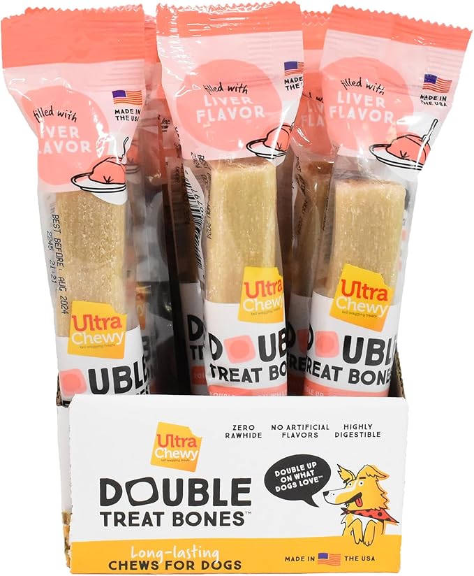 Ultra Chewy Liver Double Treat Bones: Long-Lasting Dog Treats Made in USA for Large and Small Breeds, Highly Digestible, Ideal for Aggressive Chewers (12 Count)