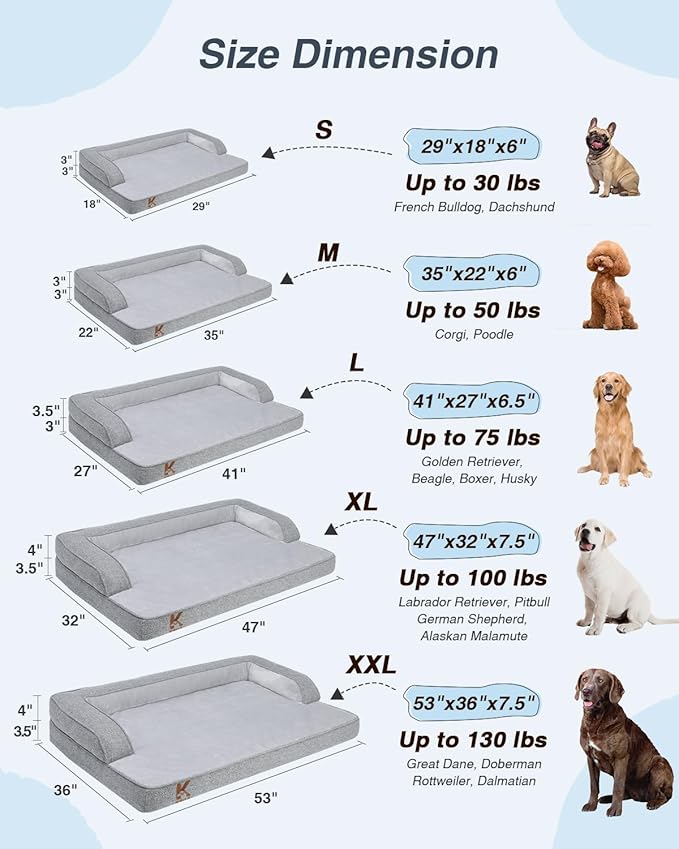 KSIIA Washable XL Dog Bed for Extra Large Dog U-Shaped Bolster Pet Couch with Removable Waterproof Cover, Non-Slip Bottom and Egg-Crate Orthopedic Foam Pet Bed, 47 x 32 Inch, Gray