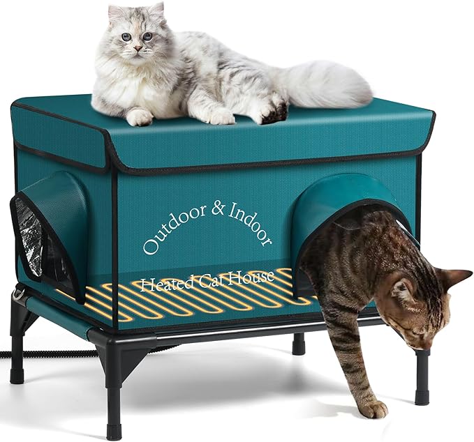 Heated Cat House for Outside Cat in Winter, Insulated Outdoor Feral Cat Shelter with Cat Heating Pad, 2 Doors,Elevated Waterproof Heated Kitty House (Blue, 21.5"x16.5"x18")