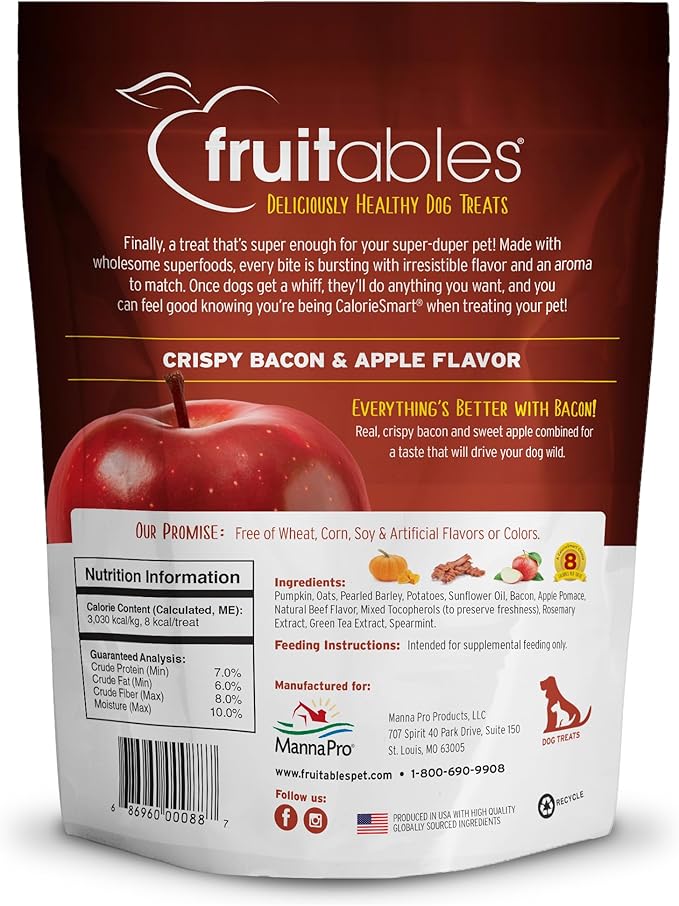 Fruitables Baked Dog Treats, Healthy Pumpkin Treat for Dogs, Low Calorie & Delicious, Free of Wheat, Corn and Soy, Made in the USA, Apple and Crispy Bacon Flavor, 12oz