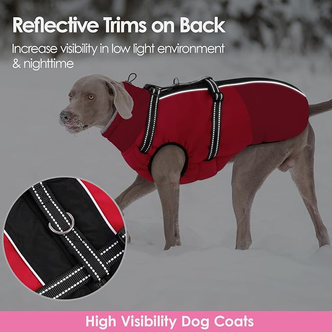 AOFITEE Small Dog Coat, Waterproof Dog Winter Jacket with Harness Built in, Warm Fleece Lined Dogs Jacket for Cold Weather, Reflective Pet Snow Jackets with Zipper for Yorkshire, Schnauzer,Red S