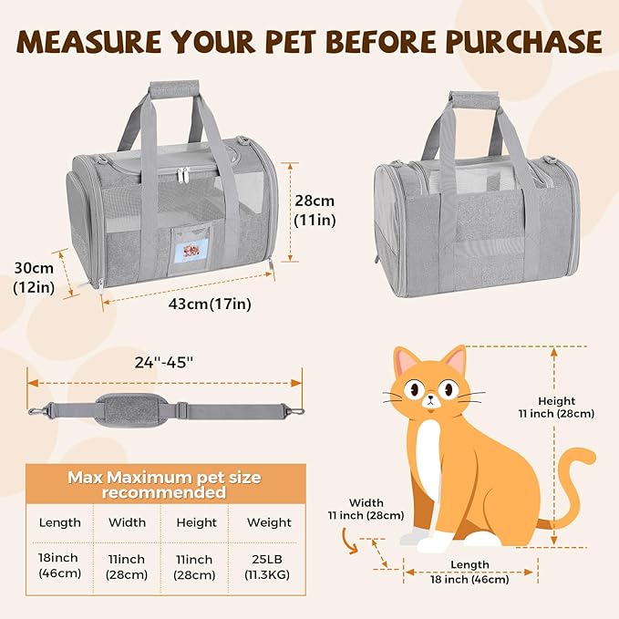 Cat Carrier, Dog Carrier for Small Dog Medium Cats,Pet Travel Bag Puppies up to 15 Lbs,TSA Airline Approved Cat Carrier Soft