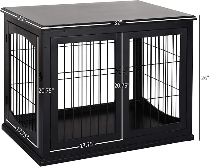 PawHut Dog Crate Furniture, Small Dog Cage End Table with Two Opening Sides, Lockable Door, Puppy Kennel Indoor, Cute and Decorative, Black