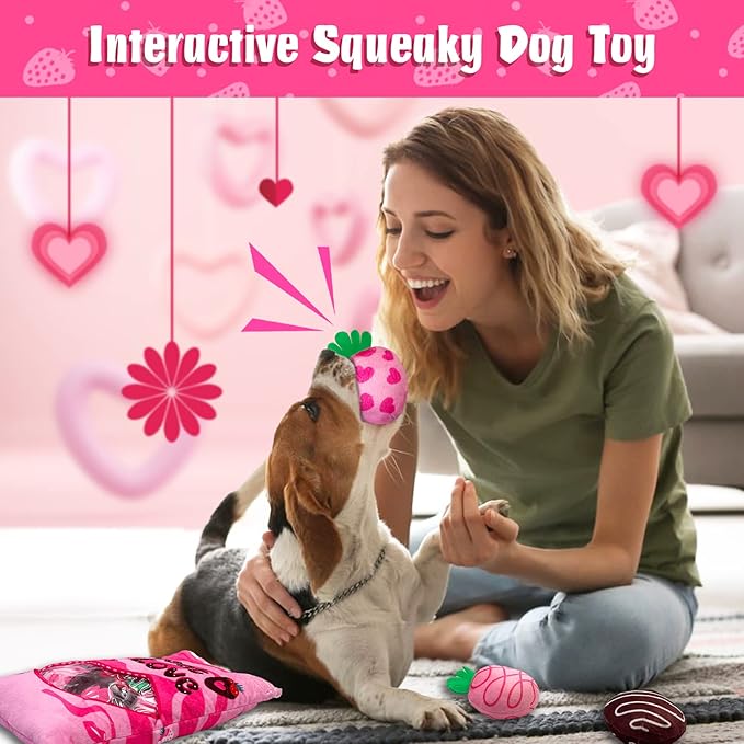 Valentine's Day Dog Toys, Squeaky Hide and Seek Dog Toy, Interactive Puzzle Dog Toys for Boredom and Stimulation, Valentine's Day Dog Gifts for Small and Medium Dogs (Strawberries, Pack of 7)
