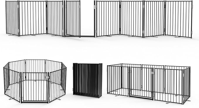 No Pawblems Free Standing Dog Gate with Door, 30'' Tall Foldable Dog Fence for Indoor & Outdoor, Up to 208 Inch Extra Wide Puppy Gate for Stairs, Hallways, Doorways, Deck, Yard (Black, 8 Panels)