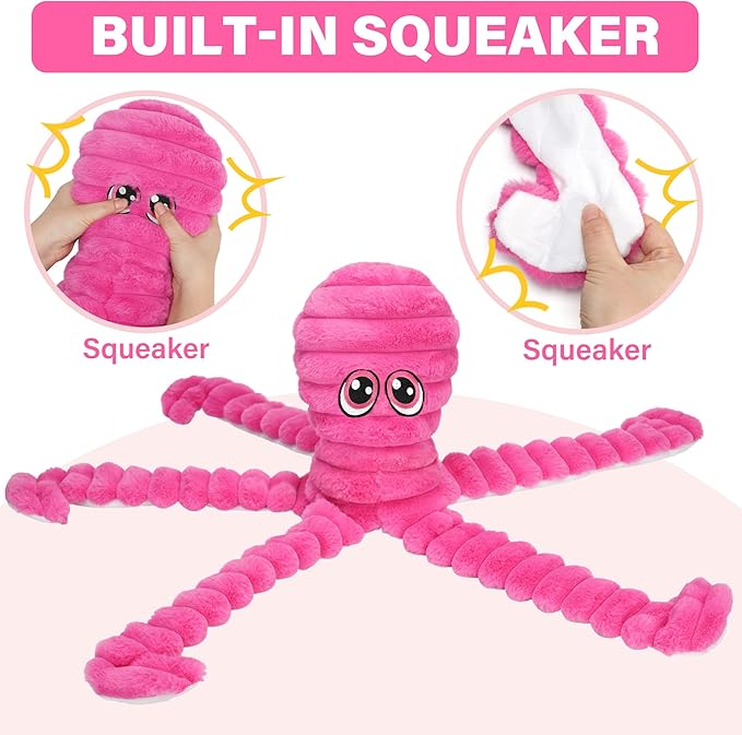 Prime Pets Dog Toys for Large Dogs, 27” Extra Large Plush Octopus Dog Toy, Squeaky Dog Toys, Tug of War Pet Toy for Small Medium Large Dogs, Rose Red