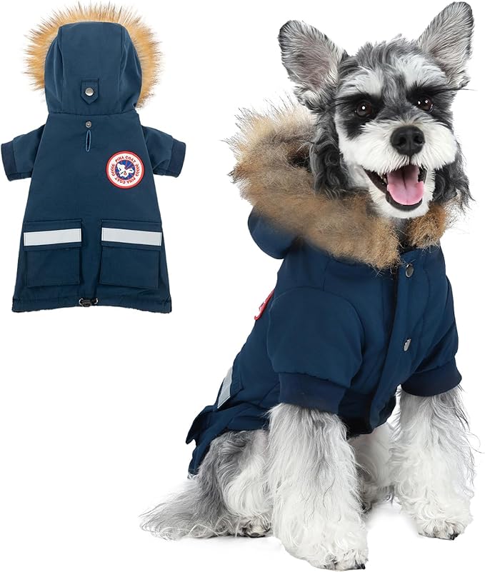 PINA Small Dog Coats - Waterproof, Warm Winter Jacket with Faux Fur Hood, Reflective, Flannel Lined, Windproof, Pocket