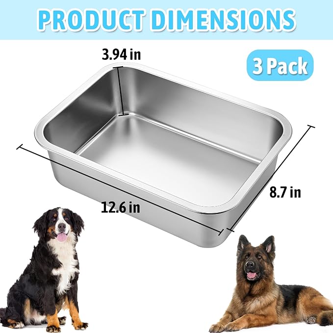 Fhiny 3 PCS Stainless Steel Dog Bowl, 1.2 Gallon Capacity Metal Dog Food & Water Bowls for Medium, Large, X-Large Dogs Indoor & Outdoor Universal Dog Bowl Dishwasher Safe