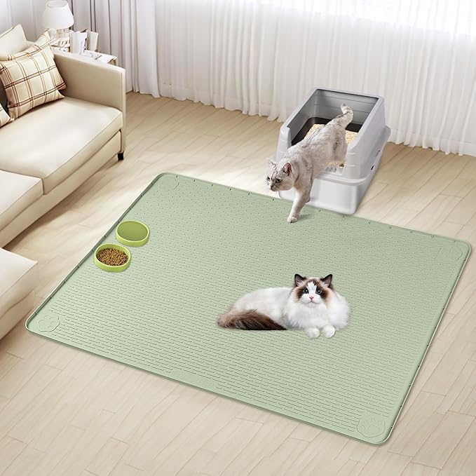 Cat Litter Mat, XXL Extra Large 50" x 35" Silicone Mat Litter Trapping Mat for Scatter Control, Soft on Kitty Paws, Easy to Clean (Green)
