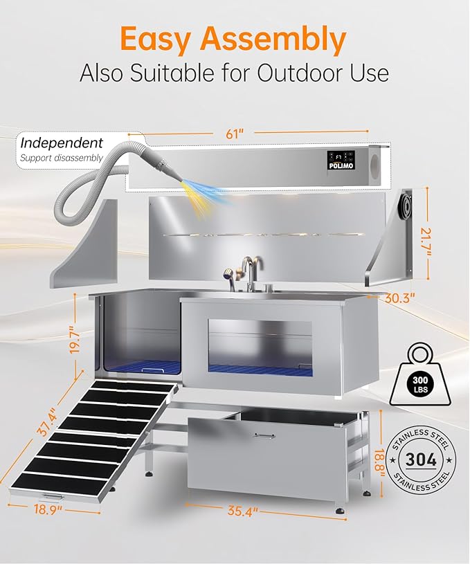 POLIMO Dog Wash Station with Pet Dryer & LED, Professional Dog Bathing Station for Large, Medium & Small Dogs – with Window, Ramp, Drawer, Floor Grate, LED Display & Faucet (Left RAMP & Dryer, 61")