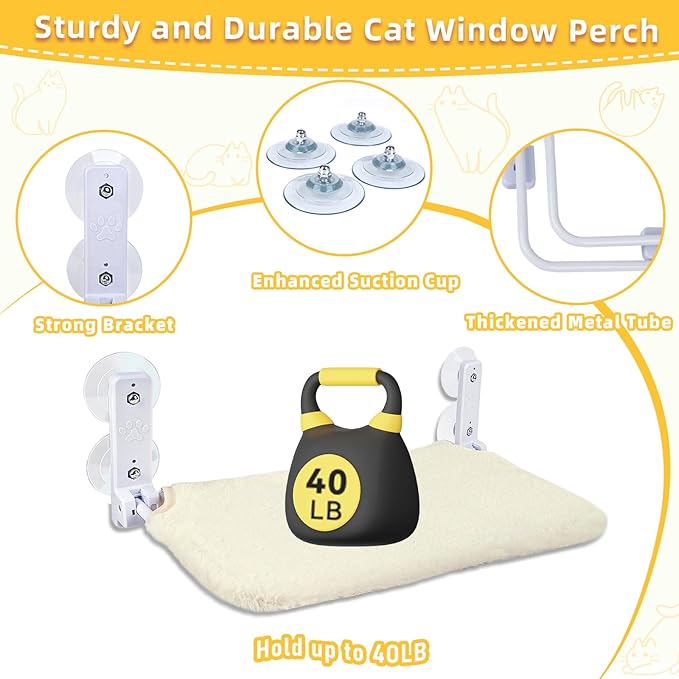 Cat Window Perch, Foldable Cat Window Hammock Sunbathing and Climbing Cats Hammock for Window Bed Bearing 40 Pounds Window Perch for Cats Inside 2-in-1 Reversible Cover (Beige)