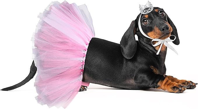 2 Pcs Dog Crown Headband Dog Tutu Dress Set Crystal Rhinestone Tiara Crown Tutu Skirt Pet Dress Costume for Puppy Birthday Party Wedding Photo Prop Costume(Small,Rose Red, White)