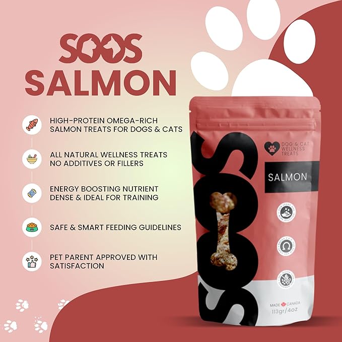 SOOS Natural Salmon Treats for Dogs & Cats - High Protein, Grain Free, Vitamin Minerals, Healthy Training Treats - 113g
