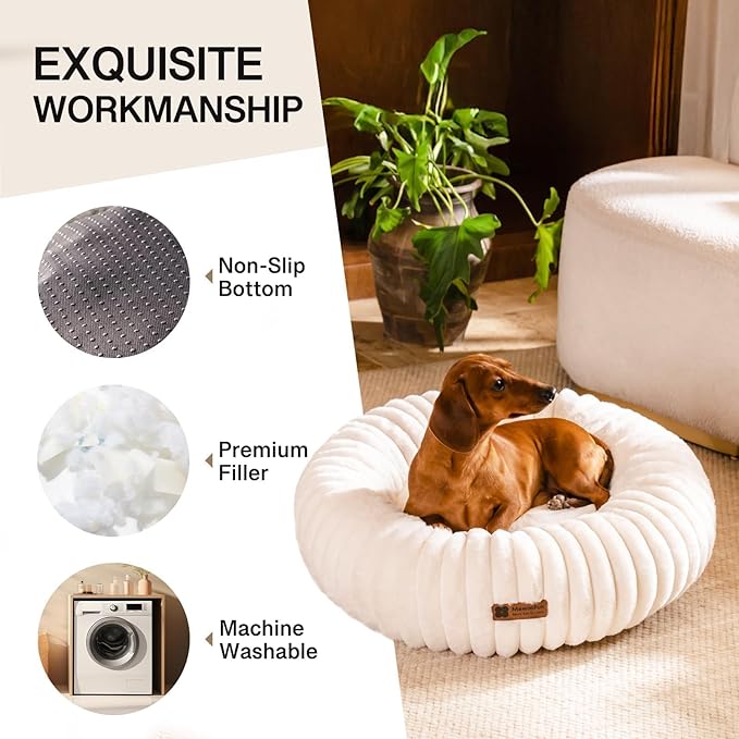 MEWOOFUN Cat Bed, Washable Beds for Indoor Cats, Cute Donut Bed Fluffy Pet Bed with Non-Slip Bottom, Calming Round Bed for Puppy and Kitten (Cream)
