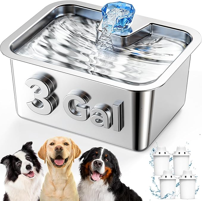 Large Dog Water Fountain Dispenser - 3 Gallon Stainless Steel Pet Water Fountain with 4 Filters for Large Dogs, Automatic Big Dog Water Bowl Dispenser Drinking for Multi-pet, Easy to Clean, Quiet Pump
