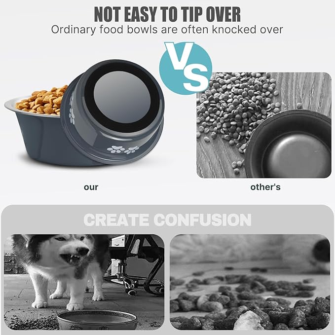 Stainless Steel Dog Bowls, Nonslip Rubber Bottom No Spill Proof Skid Metal Insulated Dog Bowls for Large Medium Small Breed Dogs (Grey, 6.6 Cups/53 OZ)