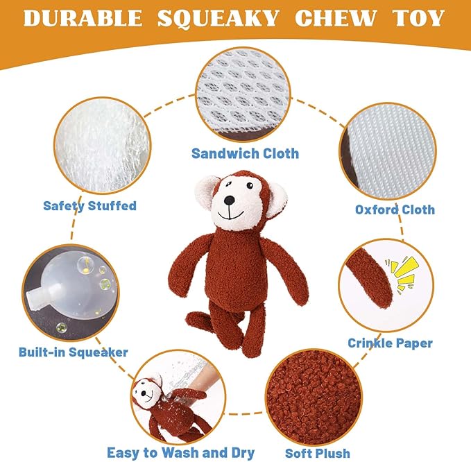 3-Layered Stuffed Dog Toys for Medium Large Dogs, Large Plush Squeaky Dog Toys to Keep Them Busy for Small Medium Large Breed, Cute Animals Puppy Teething Chew Toys - Monkey L