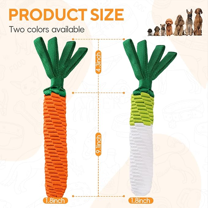 Dog Rope Toy 2PCS, Tug of War Dog Toy, Cute Carrot Dog Toy with Crinkle Paper Tags