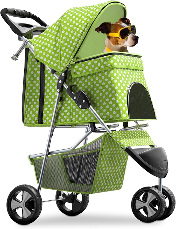 Magshion 3-Wheel Pet Stroller, Foldable Travel Jogger for Small & Medium Dogs & Cats (Up to 33lbs), Lightweight Carrier with Breathable Mesh Cover, Cup Holder & Storage Basket, Lawn Green Polka Dots