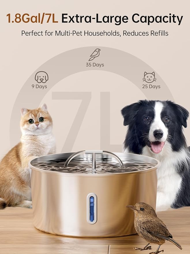 Dog Water Fountain for Large Dogs, 7L/236oz/1.8G Stainless Steel Dog Fountain, Large Automatic Pet Drinking Bowl Dispenser with Quiet Pump, Multiple Filtration, Dual-Stream for Cats and Dogs Indoor