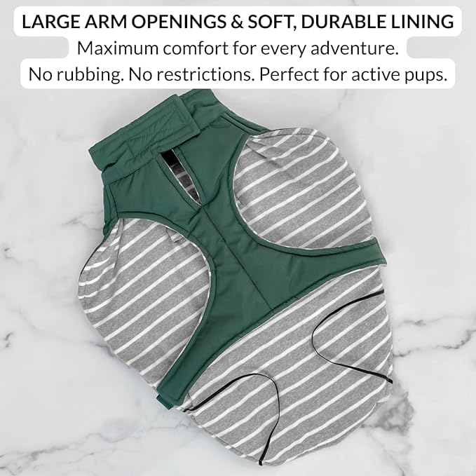 DJANGO Insulated Puffer Dog Jacket with Harness Hole – Warm, Water-Repellent Winter Dog Coat Small Dogs, Dachshunds, Puppies – Adjustable, Reflective Cold Weather Dog Apparel – Lafayette Green, Small