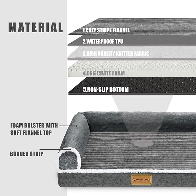 Patas Lague Orthopedic XL Dog Bed Large Sized Dog 48''X30'', Waterproof Comfortable L Bolster Big Extra Large Non-Slip Soft Warm Pet Crate Bed Sleep Sofa mat with Removable Washable Cover, Grey