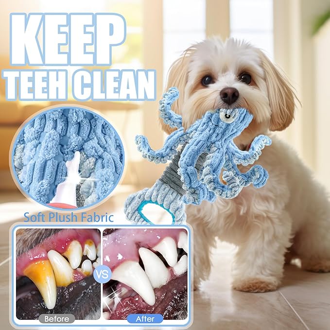 Squeaky Dog Toys, Octopus Dog Toy Interactive Tug of War Puppy Toy to Keep Them Busy (Blue)