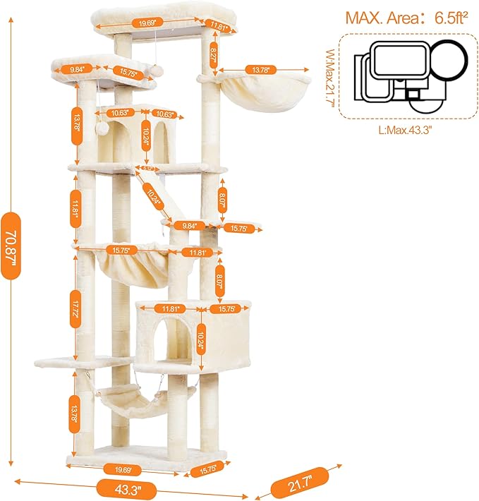 Heybly Cat Tree, 71-Inch-Tall Tower for Indoor Cats with 2 Perches, 2 Big Condos, 2 Hammocks, Basket, Scratching Pad, Large Cat Furniture and Condo, Beige HCT034M