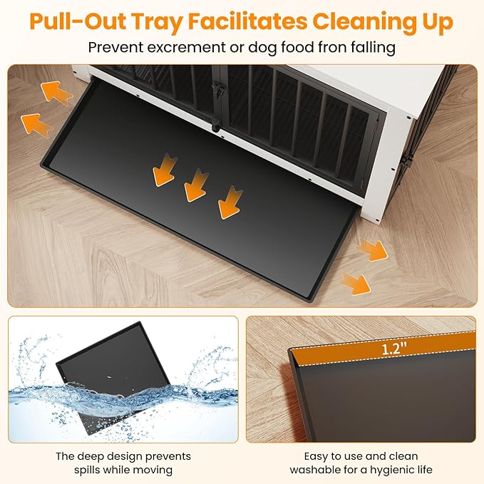 Dog Crate Furniture, Dog Crate End Table for Medium and Large Dogs,Wooden Cage Kennel Furniture Indoor, Modern Dog Crate with Multi-Purpose Removable Tray, Double-Doors Dog Furniture, White