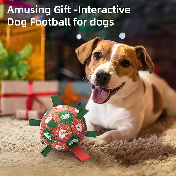 QDAN Christmas Dog Balls with Straps, Soccer Ball for Dogs for Small Medium Pet, Interactive Rope Toys, Puppy Birthday Gifts (6 Inch)