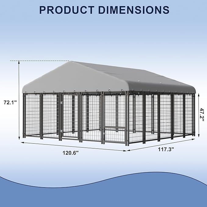 Large Dog Kennel Outside Heavy-Duty Outdoor Dog Cage with Roof and Double Lock - Spacious, Dog Crate for Pets with Feeding, 120"X117"