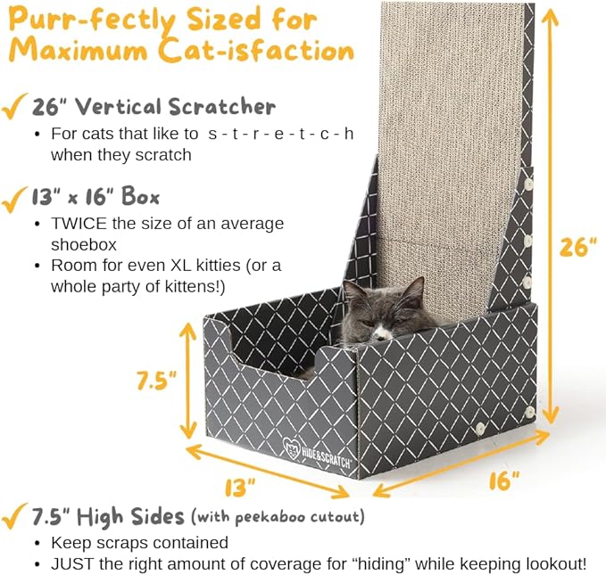 HIDE & SCRATCH 26" L Shaped Cat Scratcher Box - Durable Cat Scratcher for Indoor Cats with Reversible and Refillable Cardboard Scratching Pad