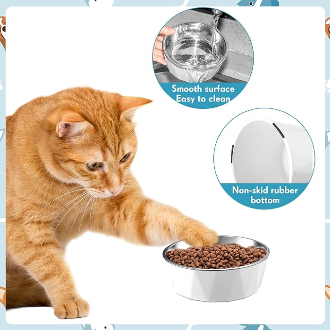 Lallisa 2 Pcs Elevated Cat Bowls Adjustable Raised Cat Feeder Non Slip Food Water with Stand Safe Stainless Steel Bowls with Pet Food Stand for Pets Feeding Eating(Pink, White)