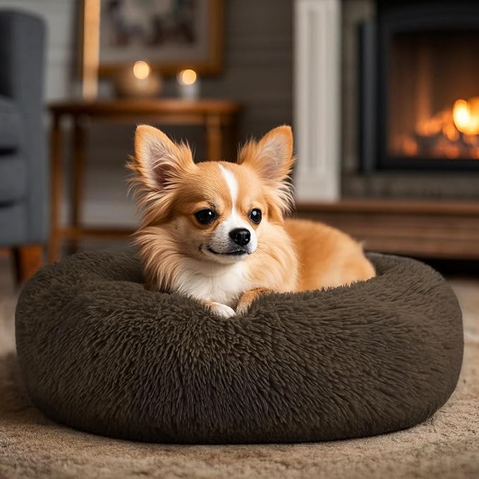 Hoewina Dog & Cat Bed, 20in Cat Beds for Indoor Cats, Calming Donut Bed for Puppy and Kitten, Washable Round Fluffy Pet Bed for Small Medium Dogs and Cats (Coffee)