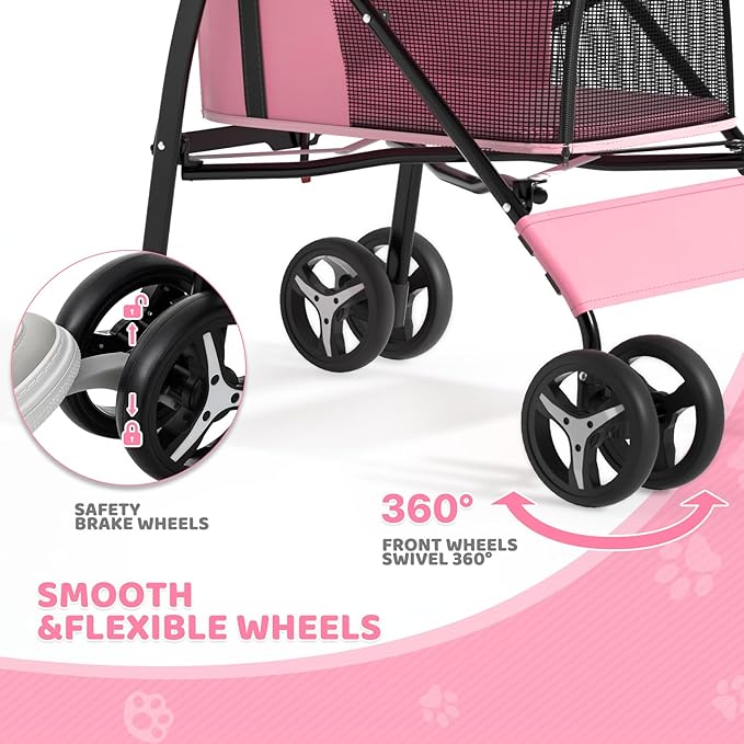 Magshion Compact Pet Stroller for Small-Medium Dogs/Cats up to 22lbs, 4-Wheel Lightweight Umbrella Shaped Portable Puppy Travel Jogger with Breathable Mesh & Rear Storage, Pink