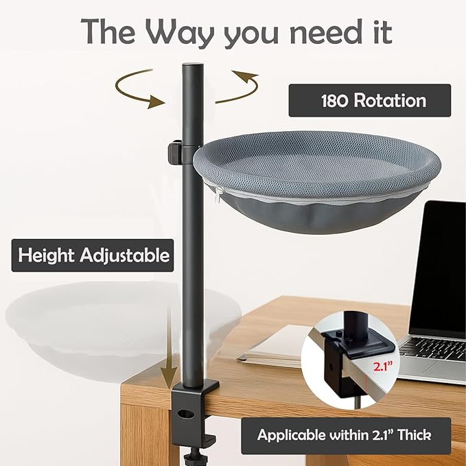 Cat Desk Bed - 360° Rotating & Height Adjustable, Cat Bed for Desk with Hammock, Sturdy Cats Bed for Desk with Removable Washable Cover, Supports Up to 50lbs, Perfect for Indoor Cats, Grey