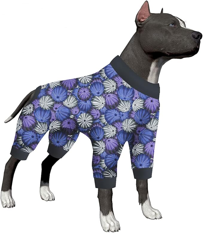 LovinPet Large Dog Onesie For Male, Anti Licking, Anxiety Calming Dog Clothes, Lightweight Stretchy Fabric, Sea Urchins Grey Print, Pitbull Party Clothes, Pajamas for Pitbulls, Onesies for Dogs, Large