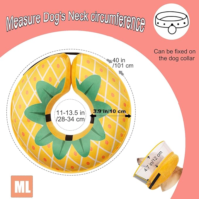 Inflatable Dog Cone Collar for Large Medium Small Dogs, Soft Dog Donut Collar Adjustable Recovery Cone for Pets After Surgery, Extra Enhanced Anti-Licking Guard Shield (Pineapple, Medium Plus)