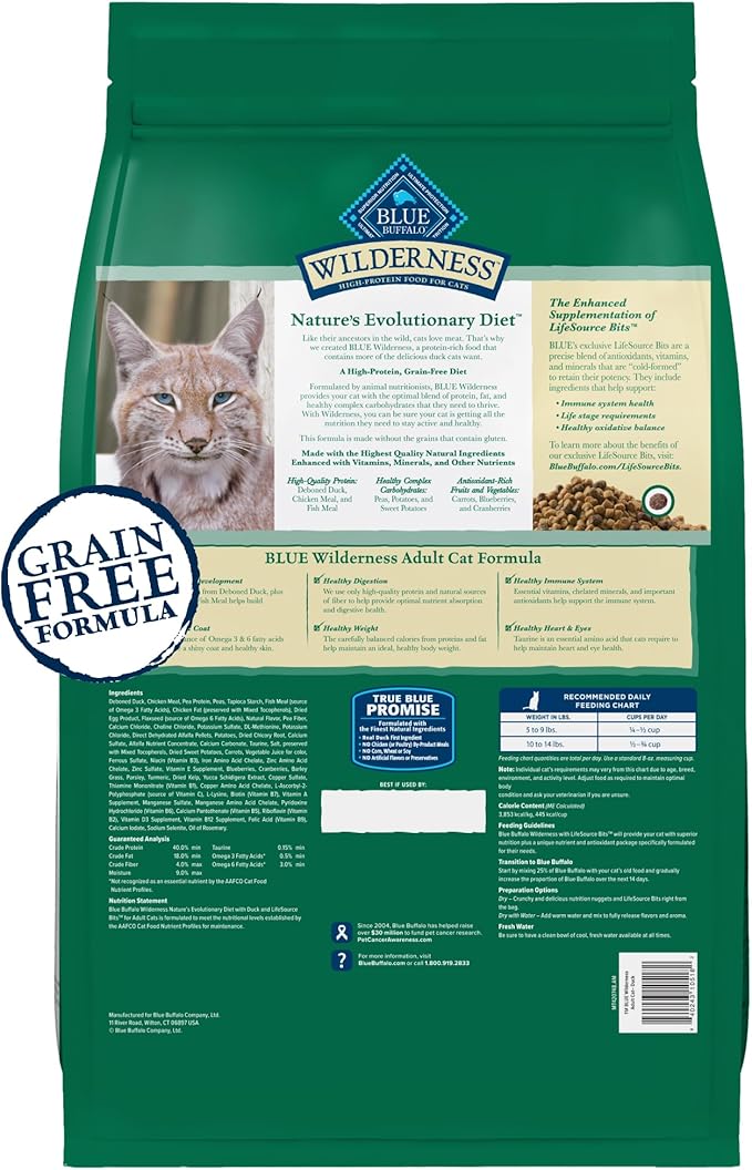 Blue Buffalo Wilderness Healthy Adult Dry Cat Food, Supports Health and Wellness, High-Protein & Grain-Free, Duck, 11-lb Bag