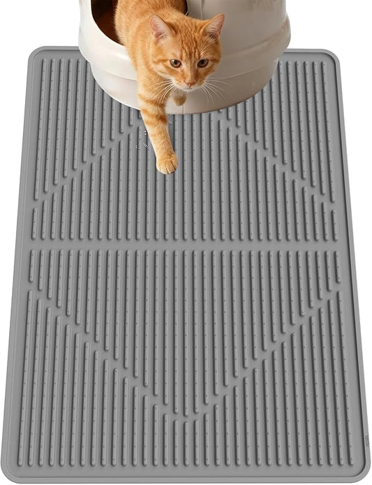 Gosmol Cat Mat for Litter Box, L 24''x15 ''Waterproof & Urine-Proof Silicone kitty litter Mat, Easy Clean Non-Slip Rubber Pet Mats for All kind of Litter Boxes & Floors - Grey