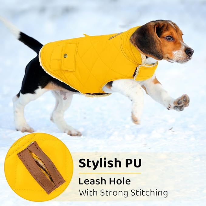 Queenmore Dog Winter Coat Warm Puffer Jacket Waterproof Plush Lining Thermal Cold Weather Vest for Small Medium Large Dogs, Windproof Easy On Pet Jacket Yellow XS