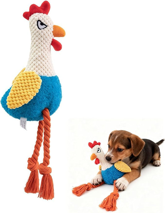 Plush Rooster Dog Toy with Squeaker, Interactive Rope Legs, Colorful Textured Chew Toy for Small, Medium Dogs, Tug-of-War, Fetch