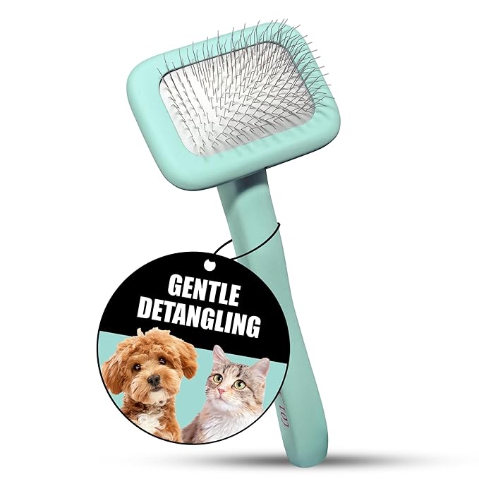 Tauro Pro Line Wooden Deshedding Dog Brush for Long Goldendoodle, Labradoodle & Poodle Hair - Mint Slicker Brush for Dog & Cat Grooming - Rectangular Flexible Cushion & Non-Slip Grip, S