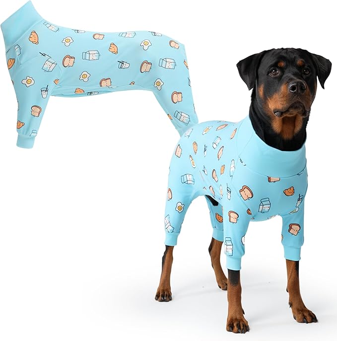 Spark Paws Dog Pajama, Dog Recovery Suit Male, Onesie, Ultra-Soft and 4-Way Stretch, for Small Medium and Large Breeds - Breakfast Blue - 4XL